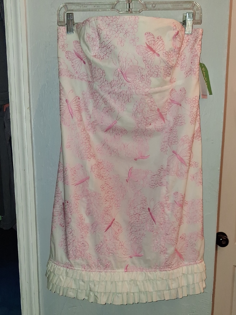 Strapless Cream Dress with Pink Dragonfly Print
